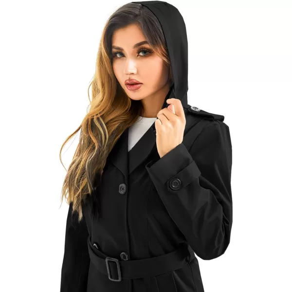 imageFARVALUE Womens Waterproof Trench Coat Long Double Breasted Windbreaker Classic Belted Lapel Overcoat with Removable HoodBlack