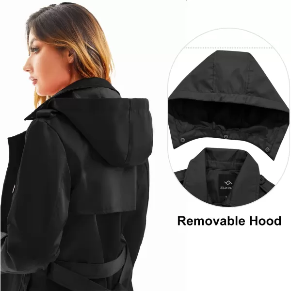 imageFARVALUE Womens Waterproof Trench Coat Long Double Breasted Windbreaker Classic Belted Lapel Overcoat with Removable HoodBlack