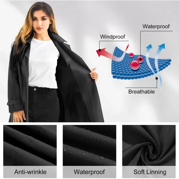 imageFARVALUE Womens Waterproof Trench Coat Long Double Breasted Windbreaker Classic Belted Lapel Overcoat with Removable HoodBlack