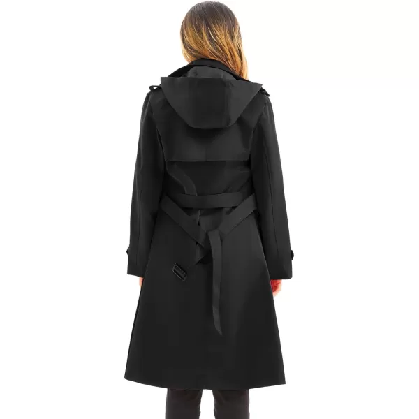 imageFARVALUE Womens Waterproof Trench Coat Long Double Breasted Windbreaker Classic Belted Lapel Overcoat with Removable HoodBlack