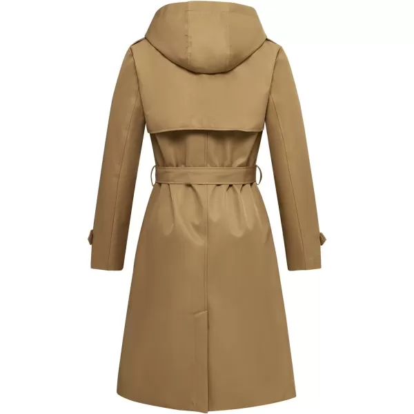 imageFARVALUE Womens Waterproof Trench Coat Long Double Breasted Windbreaker Classic Belted Lapel Overcoat with Removable HoodCamel