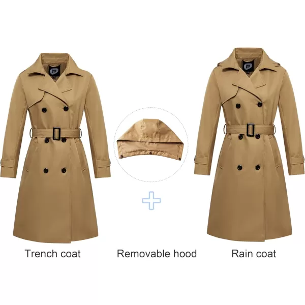 imageFARVALUE Womens Waterproof Trench Coat Long Double Breasted Windbreaker Classic Belted Lapel Overcoat with Removable HoodCamel