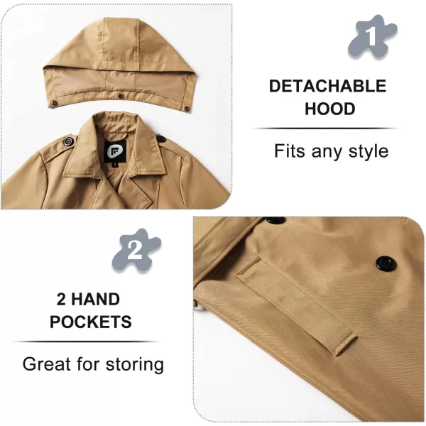 imageFARVALUE Womens Waterproof Trench Coat Long Double Breasted Windbreaker Classic Belted Lapel Overcoat with Removable HoodCamel