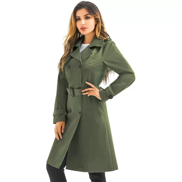 imageFARVALUE Womens Waterproof Trench Coat Long Double Breasted Windbreaker Classic Belted Lapel Overcoat with Removable HoodGreen