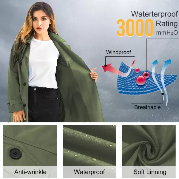 imageFARVALUE Womens Waterproof Trench Coat Long Double Breasted Windbreaker Classic Belted Lapel Overcoat with Removable HoodGreen