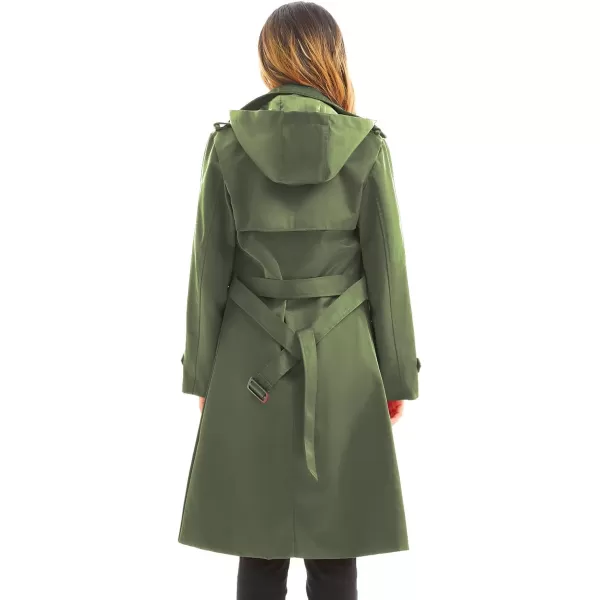 imageFARVALUE Womens Waterproof Trench Coat Long Double Breasted Windbreaker Classic Belted Lapel Overcoat with Removable HoodGreen