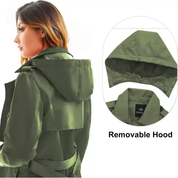 imageFARVALUE Womens Waterproof Trench Coat Long Double Breasted Windbreaker Classic Belted Lapel Overcoat with Removable HoodGreen