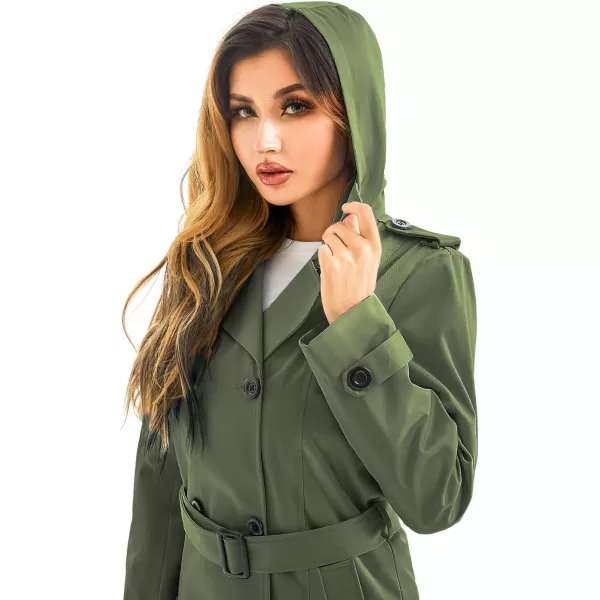 imageFARVALUE Womens Waterproof Trench Coat Long Double Breasted Windbreaker Classic Belted Lapel Overcoat with Removable HoodGreen