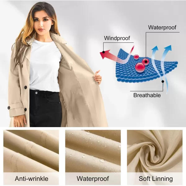 imageFARVALUE Womens Waterproof Trench Coat Long Double Breasted Windbreaker Classic Belted Lapel Overcoat with Removable HoodKhaki