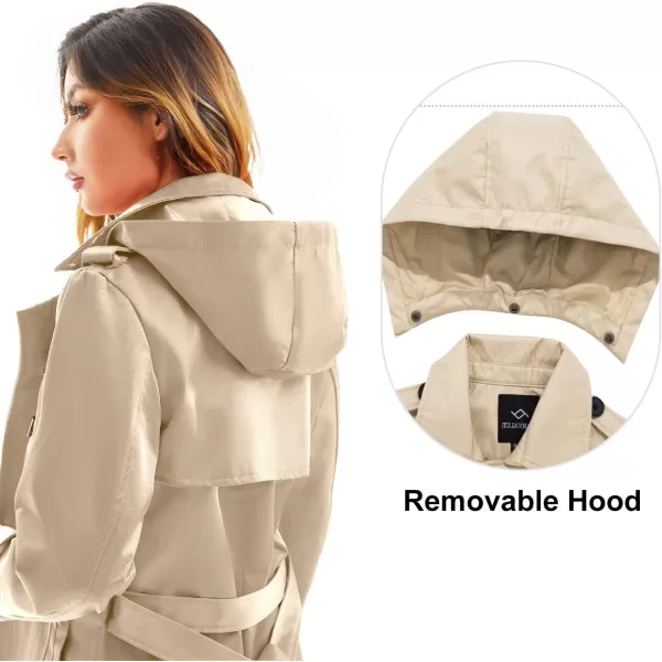 imageFARVALUE Womens Waterproof Trench Coat Long Double Breasted Windbreaker Classic Belted Lapel Overcoat with Removable HoodKhaki