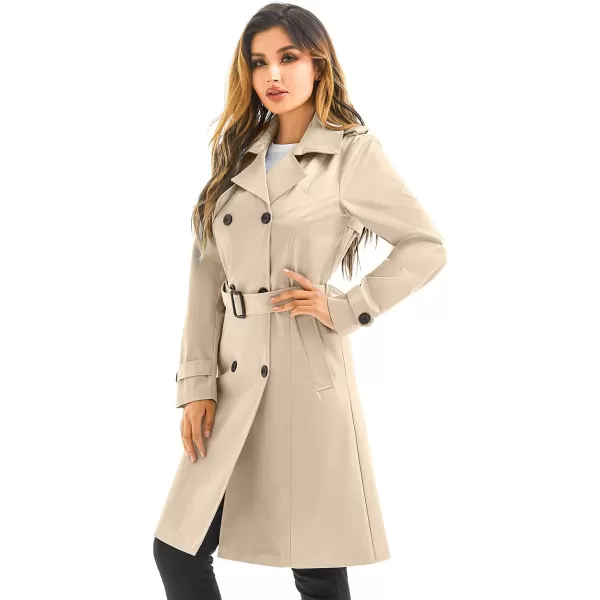 imageFARVALUE Womens Waterproof Trench Coat Long Double Breasted Windbreaker Classic Belted Lapel Overcoat with Removable HoodKhaki