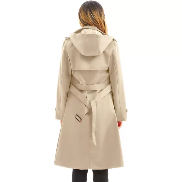 imageFARVALUE Womens Waterproof Trench Coat Long Double Breasted Windbreaker Classic Belted Lapel Overcoat with Removable HoodKhaki