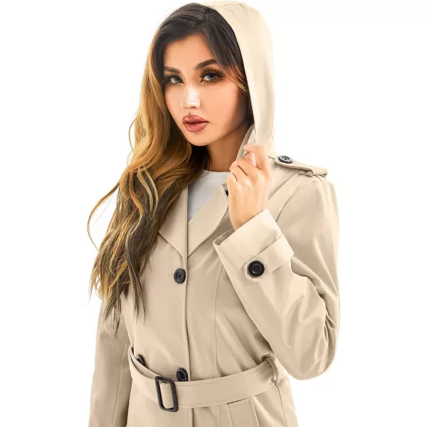 imageFARVALUE Womens Waterproof Trench Coat Long Double Breasted Windbreaker Classic Belted Lapel Overcoat with Removable HoodKhaki