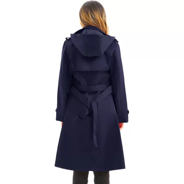 imageFARVALUE Womens Waterproof Trench Coat Long Double Breasted Windbreaker Classic Belted Lapel Overcoat with Removable HoodNavy