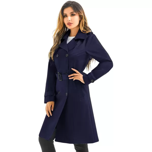 imageFARVALUE Womens Waterproof Trench Coat Long Double Breasted Windbreaker Classic Belted Lapel Overcoat with Removable HoodNavy
