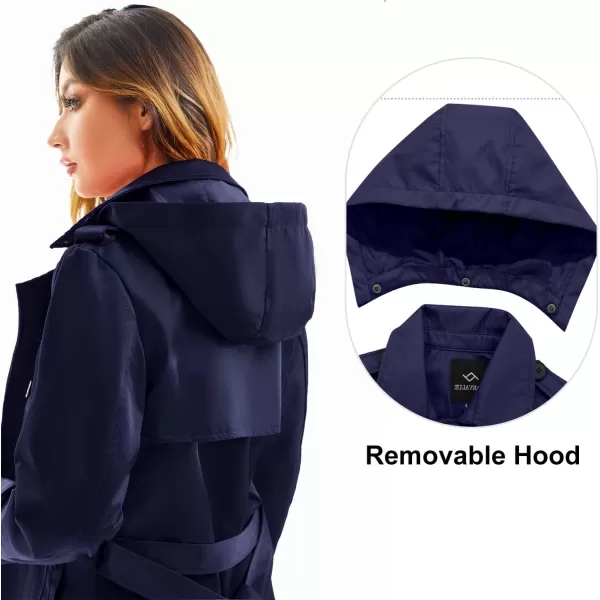 imageFARVALUE Womens Waterproof Trench Coat Long Double Breasted Windbreaker Classic Belted Lapel Overcoat with Removable HoodNavy