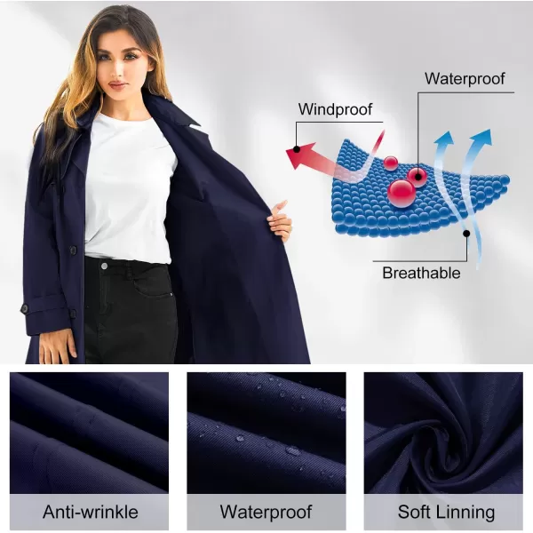 imageFARVALUE Womens Waterproof Trench Coat Long Double Breasted Windbreaker Classic Belted Lapel Overcoat with Removable HoodNavy