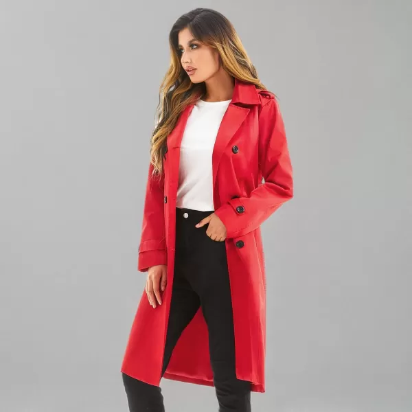 imageFARVALUE Womens Waterproof Trench Coat Long Double Breasted Windbreaker Classic Belted Lapel Overcoat with Removable HoodRed