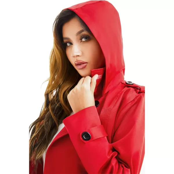 imageFARVALUE Womens Waterproof Trench Coat Long Double Breasted Windbreaker Classic Belted Lapel Overcoat with Removable HoodRed