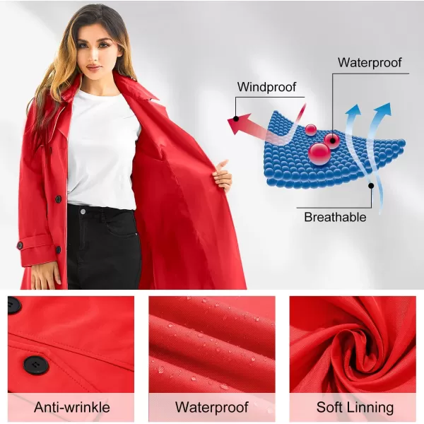 imageFARVALUE Womens Waterproof Trench Coat Long Double Breasted Windbreaker Classic Belted Lapel Overcoat with Removable HoodRed