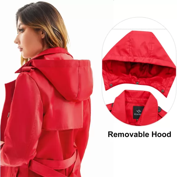 imageFARVALUE Womens Waterproof Trench Coat Long Double Breasted Windbreaker Classic Belted Lapel Overcoat with Removable HoodRed