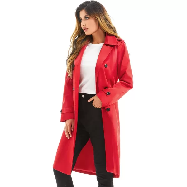imageFARVALUE Womens Waterproof Trench Coat Long Double Breasted Windbreaker Classic Belted Lapel Overcoat with Removable HoodRed