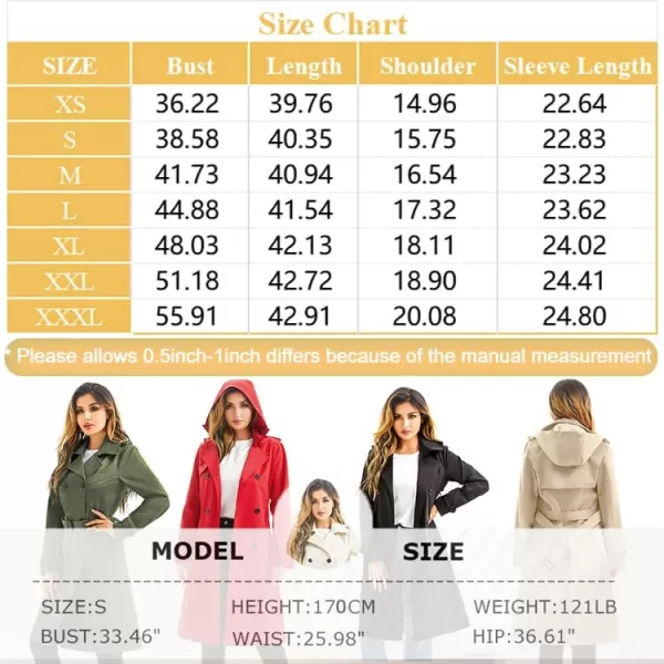 imageFARVALUE Womens Waterproof Trench Coat Long Double Breasted Windbreaker Classic Belted Lapel Overcoat with Removable HoodRed