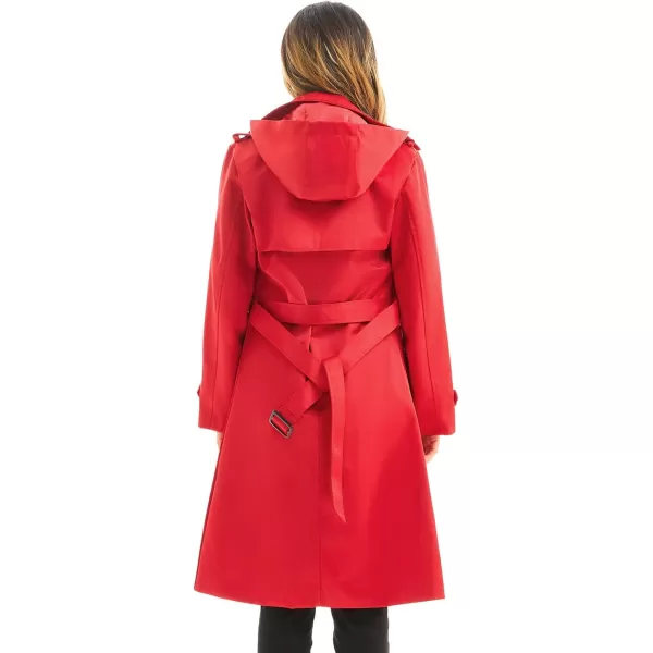 imageFARVALUE Womens Waterproof Trench Coat Long Double Breasted Windbreaker Classic Belted Lapel Overcoat with Removable HoodRed