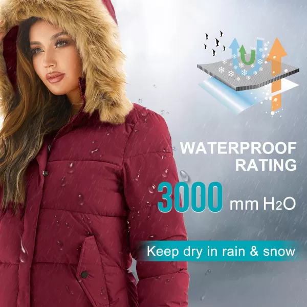 imageFARVALUE Womens Winter Coat Warm Parka Jacket Puffer Quilted Thicken Hooded Outerwear with Fur TrimWine