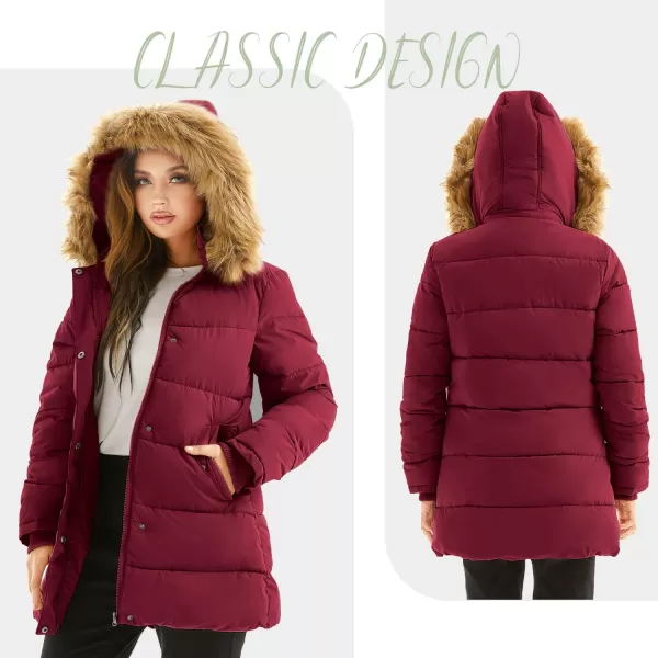 imageFARVALUE Womens Winter Coat Warm Parka Jacket Puffer Quilted Thicken Hooded Outerwear with Fur TrimWine