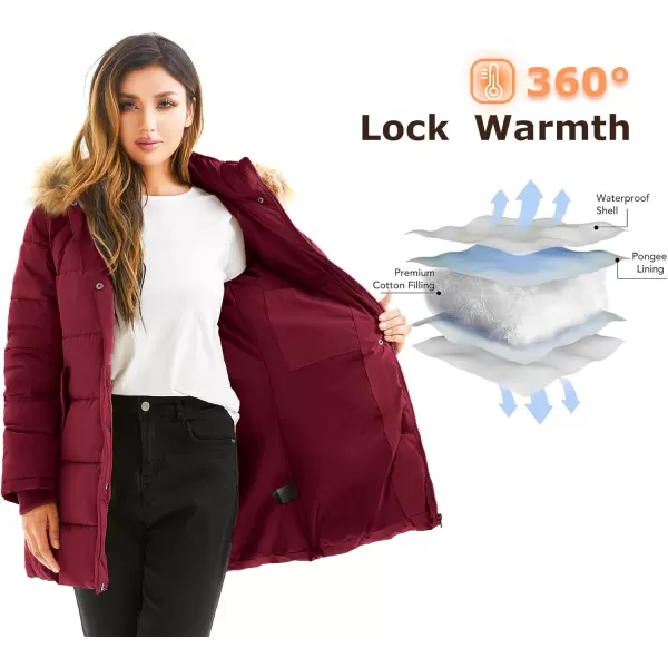 imageFARVALUE Womens Winter Coat Warm Parka Jacket Puffer Quilted Thicken Hooded Outerwear with Fur TrimWine