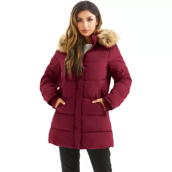 imageFARVALUE Womens Winter Coat Warm Parka Jacket Puffer Quilted Thicken Hooded Outerwear with Fur TrimWine