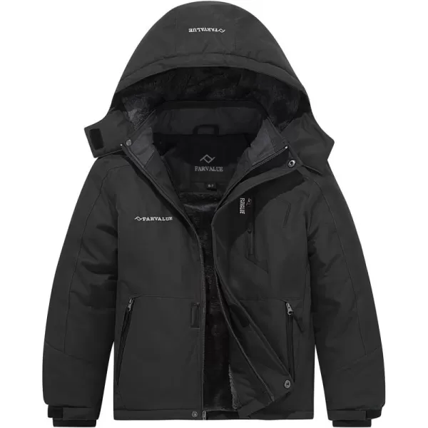 imageFARVALUE Boys Waterproof Ski Jacket Windproof Winter Coat Warm Snow Coat Outdoor Raincoats Hooded WindbreakerBlack