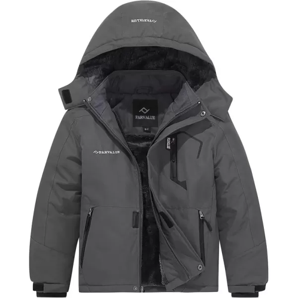imageFARVALUE Boys Waterproof Ski Jacket Windproof Winter Coat Warm Snow Coat Outdoor Raincoats Hooded WindbreakerGrey