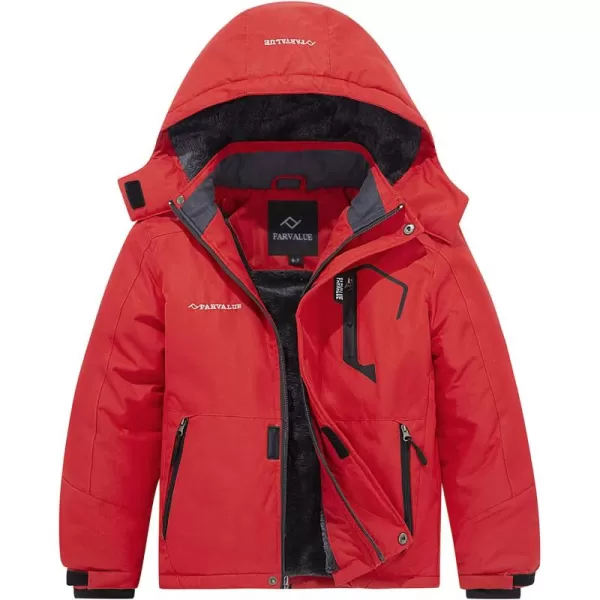 imageFARVALUE Boys Waterproof Ski Jacket Windproof Winter Coat Warm Snow Coat Outdoor Raincoats Hooded WindbreakerRed