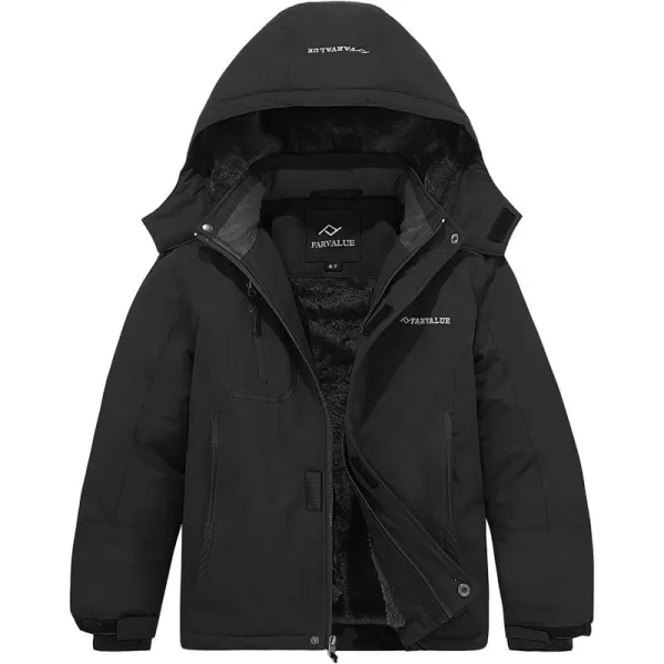 imageFARVALUE Boys Waterproof Ski Jacket Windproof Winter Coat Warm Snow Coat Outdoor Raincoats with Removable HoodBlack
