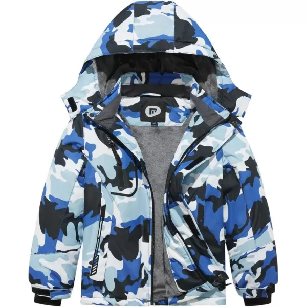imageFARVALUE Boys Waterproof Ski Jacket Windproof Winter Coat Warm Snow Coat Outdoor Raincoats with Removable HoodBlue Camouflage
