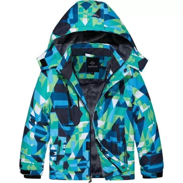 imageFARVALUE Boys Waterproof Ski Jacket Windproof Winter Coat Warm Snow Coat Outdoor Raincoats with Removable HoodGreen Camouflage