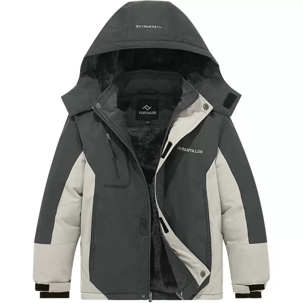 imageFARVALUE Boys Waterproof Ski Jacket Windproof Winter Coat Warm Snow Coat Outdoor Raincoats with Removable HoodGrey