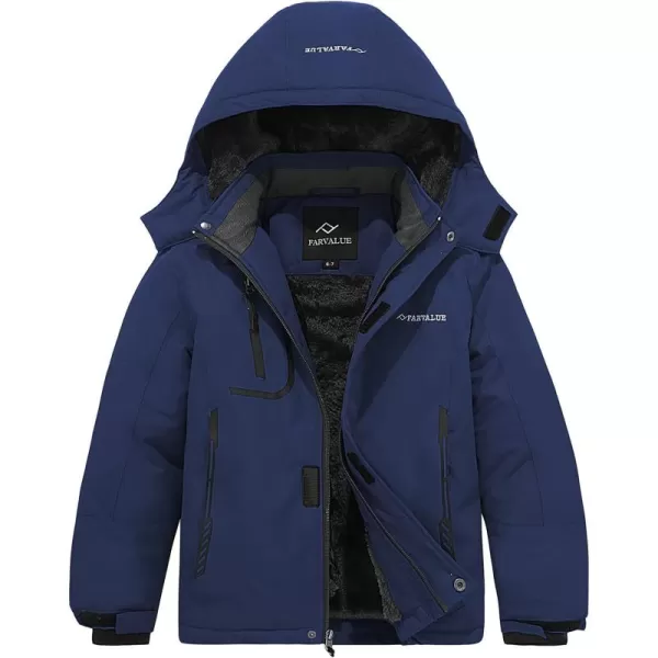 imageFARVALUE Boys Waterproof Ski Jacket Windproof Winter Coat Warm Snow Coat Outdoor Raincoats with Removable HoodNavy