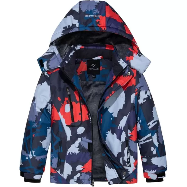 imageFARVALUE Boys Waterproof Ski Jacket Windproof Winter Coat Warm Snow Coat Outdoor Raincoats with Removable HoodOrange Camouflage