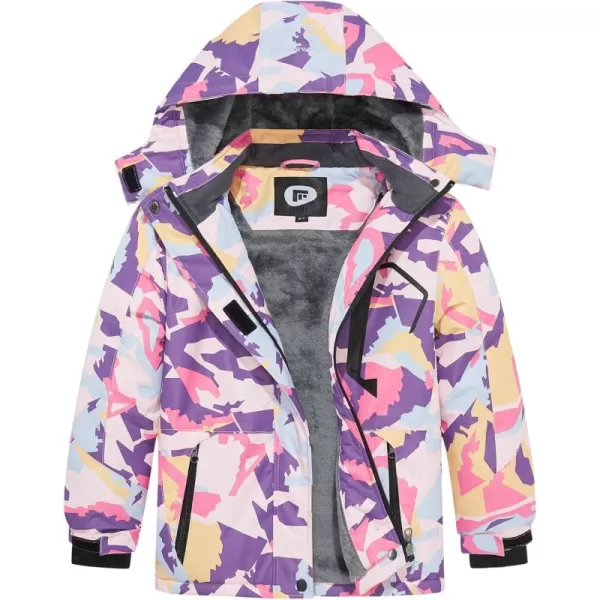 imageFARVALUE Girls Waterproof Skiing Jacket Windproof Winter Coat Warm Snow Coat with Removable HoodPurple Camouflage