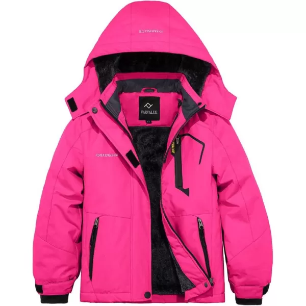 imageFARVALUE Girls Waterproof Skiing Jacket Windproof Winter Coat Warm Snow Coat with Removable HoodRose Red