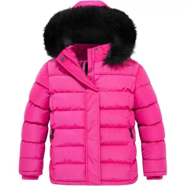 imageFARVALUE Girls Winter Coats Thicken Fleece Lined Padded Hooded Puffer Jacket Coat for GirlsRose Red