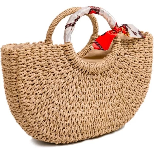 imageFARVALUE Summer Straw Beach Tote Bag Handmade Large Straw Tote Handbag Womens Handbags And Free Silk ScarvesKhaki