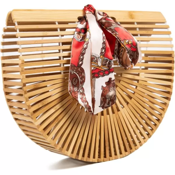 imageFARVALUE Womens Bamboo Bag Summer Wooden Handbag Handmade Large Tote Bag Beach Bag with Silk Scarf
