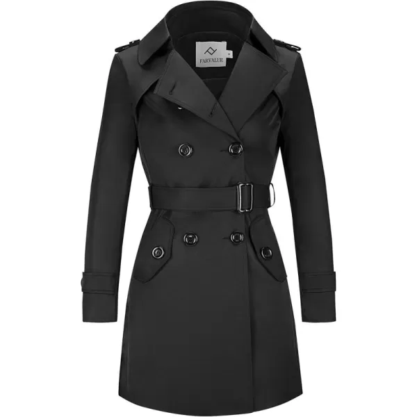 imageFARVALUE Womens Double Breasted Trench Coat Water Resistant Windbreaker Classic Belted Lapel OvercoatAblack