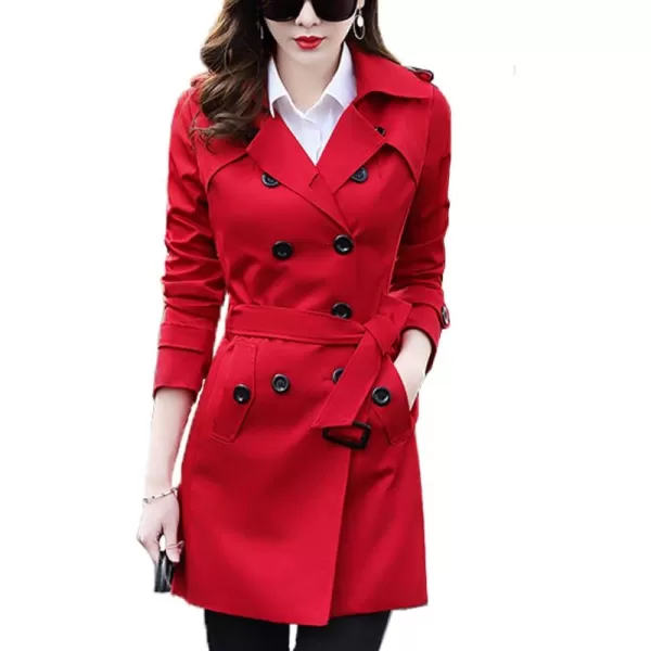 imageFARVALUE Womens Double Breasted Trench Coat Water Resistant Windbreaker Classic Belted Lapel OvercoatAred