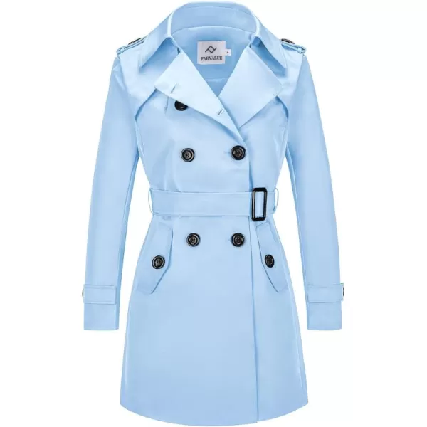 imageFARVALUE Womens Double Breasted Trench Coat Water Resistant Windbreaker Classic Belted Lapel OvercoatBlue