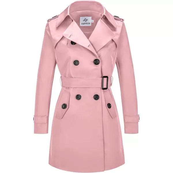 imageFARVALUE Womens Double Breasted Trench Coat Water Resistant Windbreaker Classic Belted Lapel OvercoatBpink